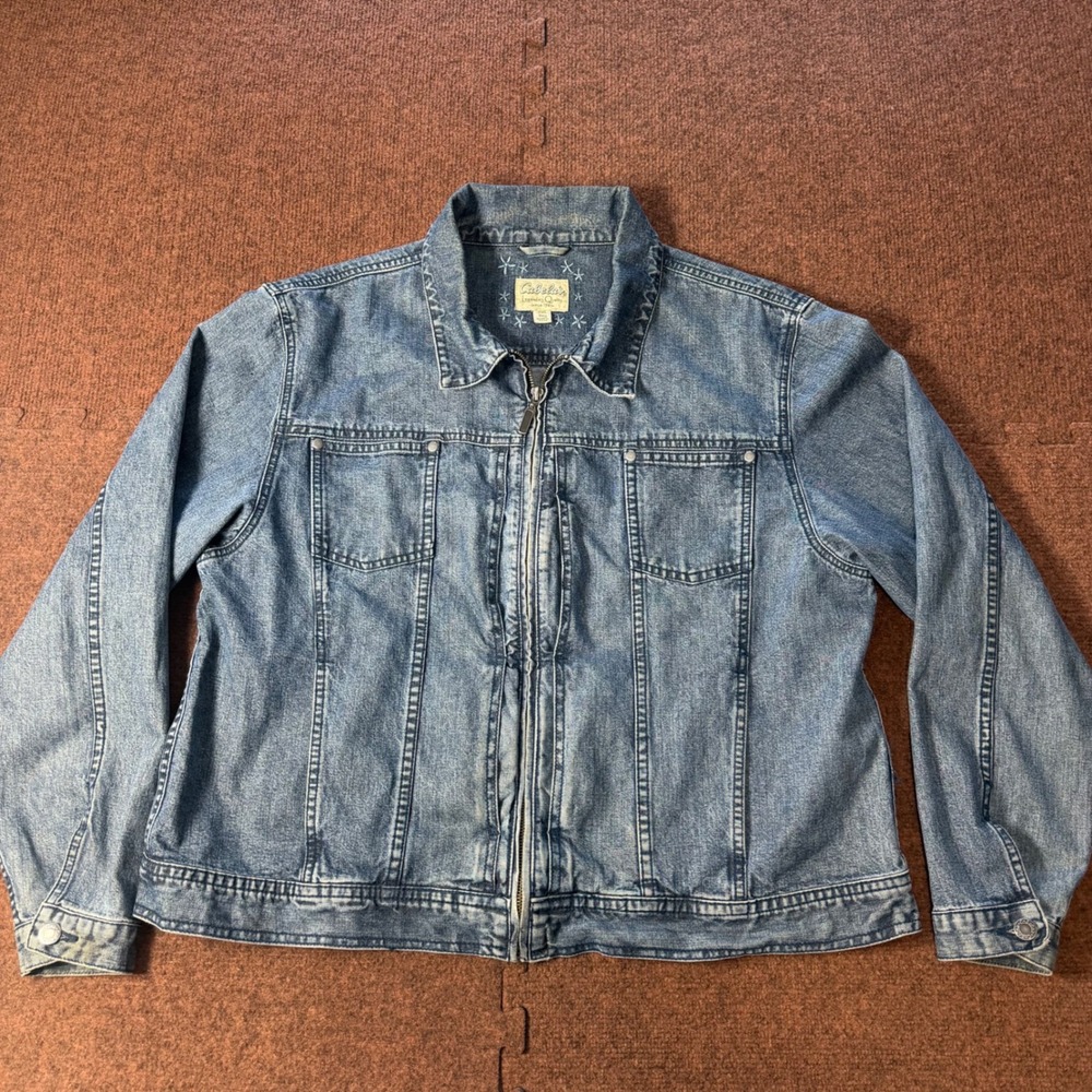 Cabelas Womens 2XL Blue Denim Zip Up Trucker Jacket 100% Cotton Medium Wash 1417